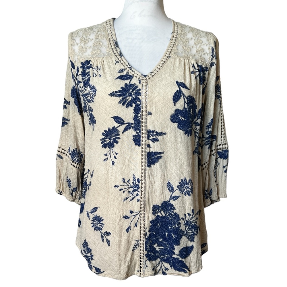 JohnPaulRichard Floral Lace Crochet V-neck Blouse Popover‎ Rayon Cottagecore
